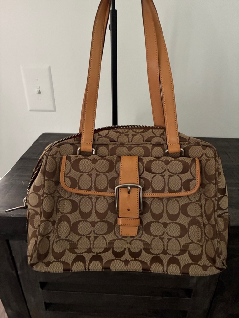 Coach Brown Signature Canvas Shoulder Bag with Tan Leather Trim
